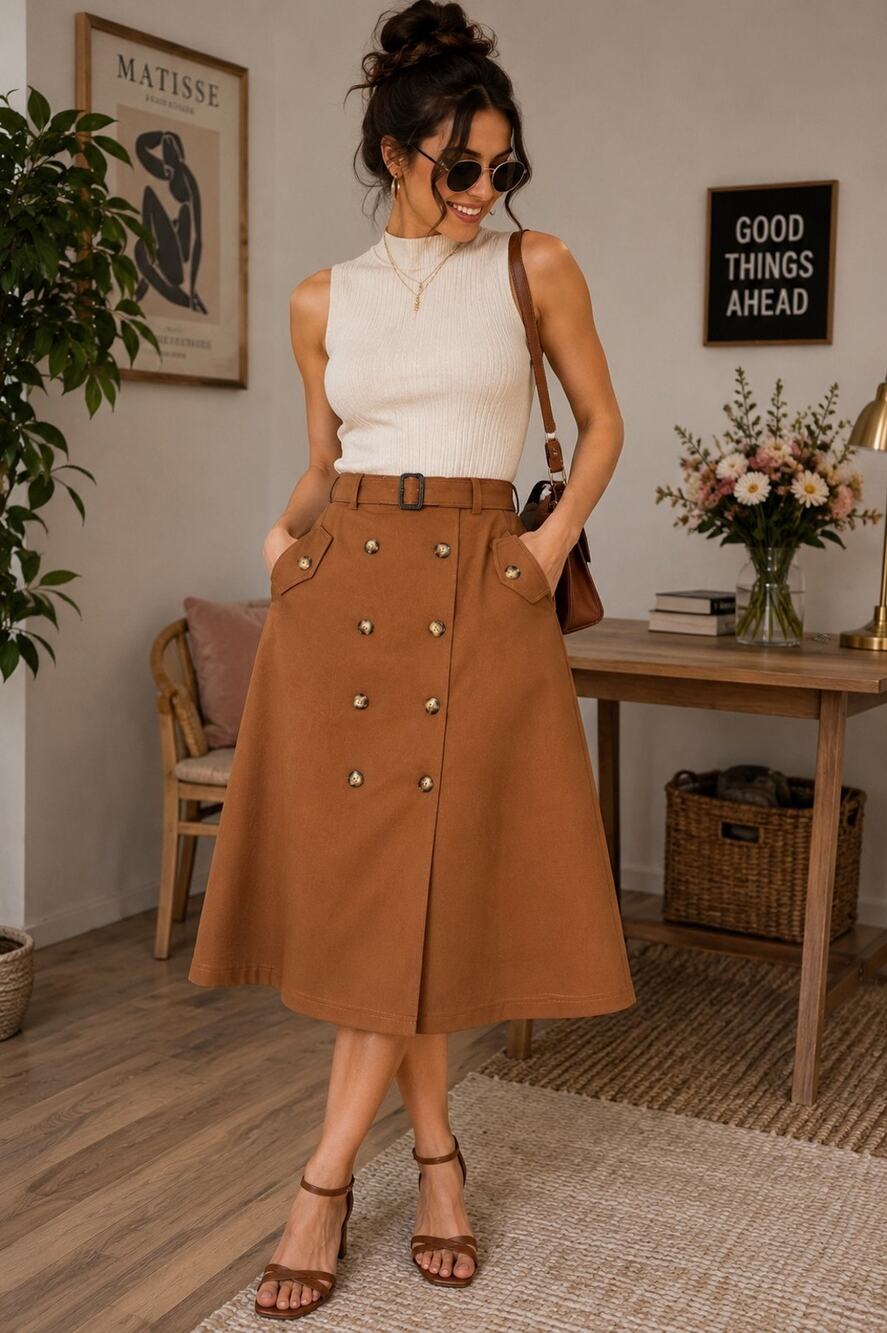 Tulip B Midi A-Line Skirt Belted Double Breasted Button Front & Pockets Large